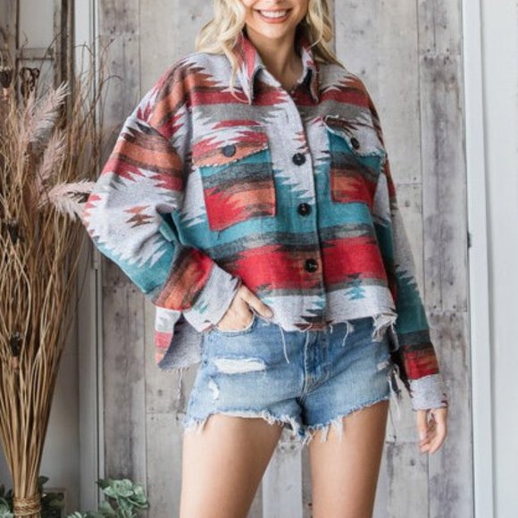 Boho Aztec Tribal Yellowstone Distressed Flannel Shirt Jacket Shacket - Picture 2 of 7